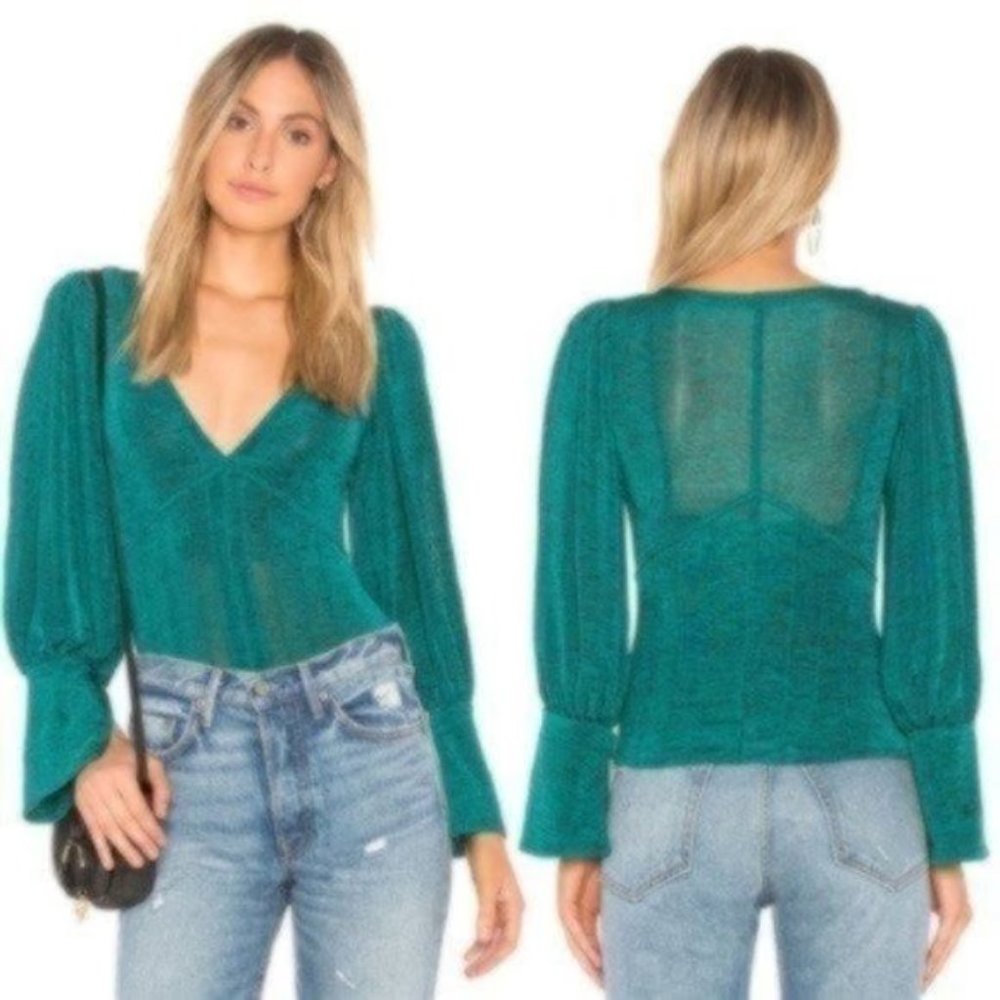 Free People Green Queen Shimmery Plunging V Neck Blouse Long Sleeve Boho